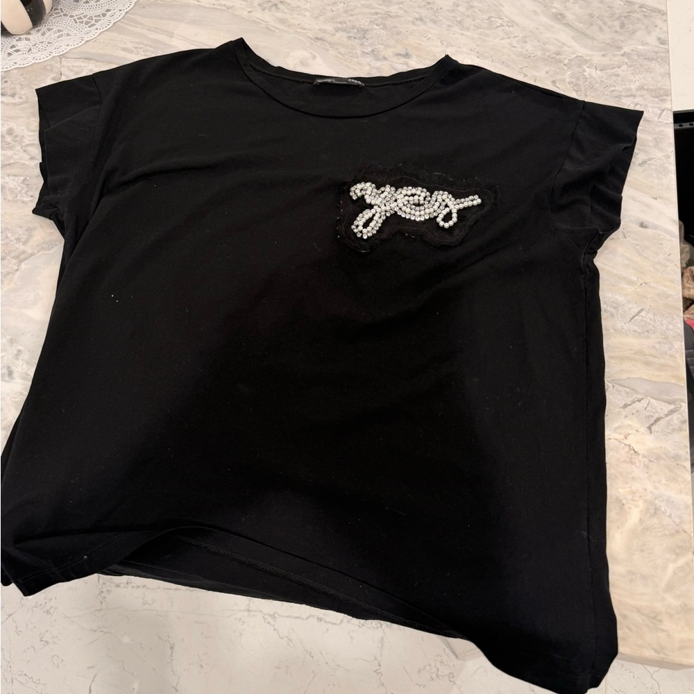 Zara Black Tee with Embellished Detail